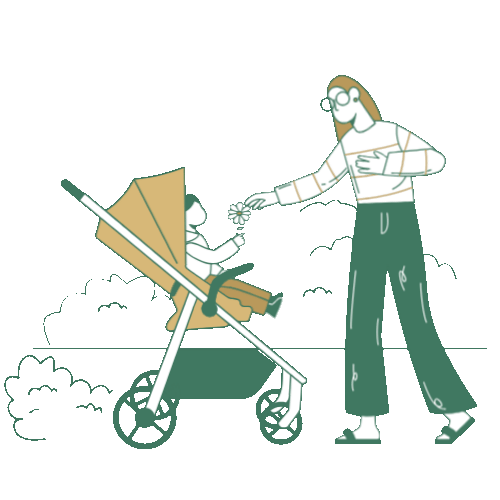 Mother playing with baby sitting in stroller